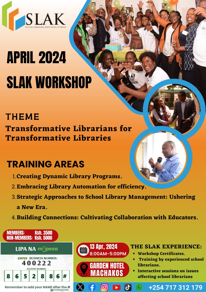 schlibrarianske's tweet photo. SCHOOL HEADS, SCHOOL LIBRARIANS AND ALL EDUCATORS
We're hosting a spectacular Librarians' Workshop.
Encourage your librarian to join us. They're the guardians of knowledge, the mentors of future leaders and the key to unlocking students’ academic potential! #SLAKWorkshop #SLAK https://t.co/U4UEVrHC9d