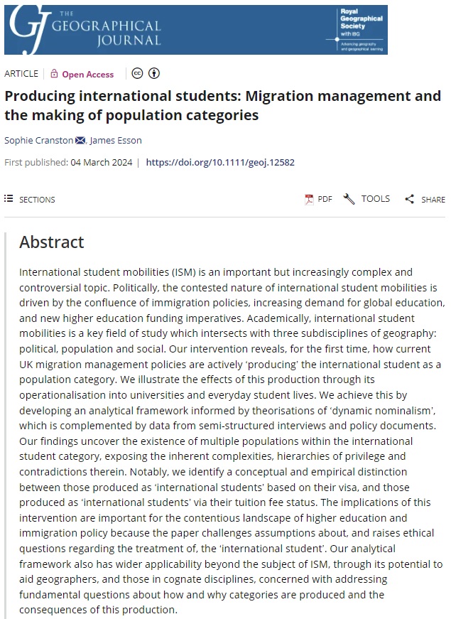 📢New paper published by @sophcranston (@lborogeog) and @DrJesson (@QMULGeography): 'Producing international students: Migration management and the making of population categories'. #OpenAccess doi.org/10.1111/geoj.1…