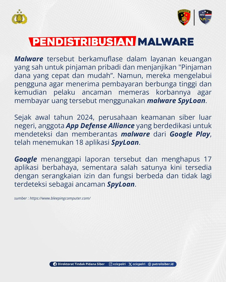 Waspada Malware Android SpyLoan telah di unduh sebanyak 12 Juta Kali Melalui Google Play Store ✍️ #PolriPresisi