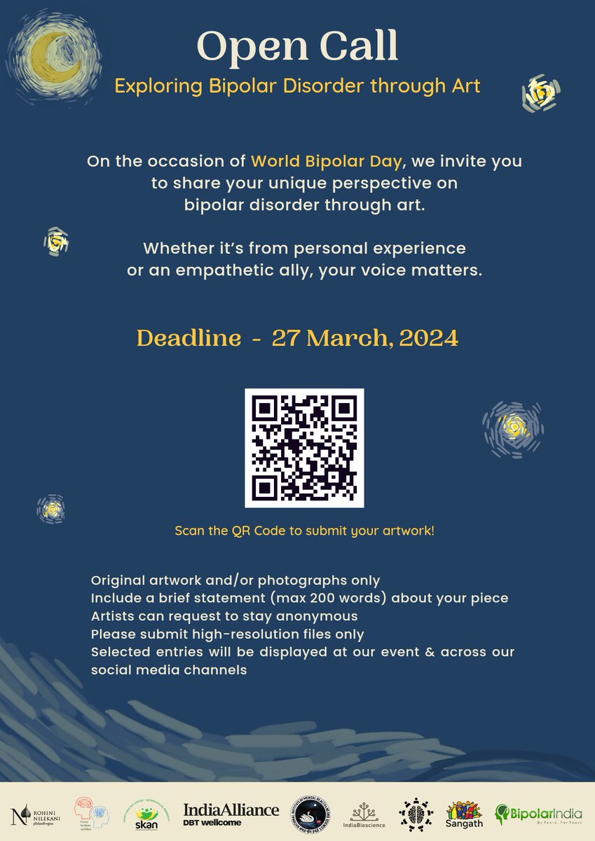 If you have an artistic perspective on bipolar disorder, send us your submission today! 🖌️🧠 Deadline is March 27th Register here - forms.gle/unbun9tDVyUjnd… #bipolardisorder #worldbipolarday #bipolarawareness #scienceart @India_Alliance @reeteka @BijuViswanath13 @ipsawonders