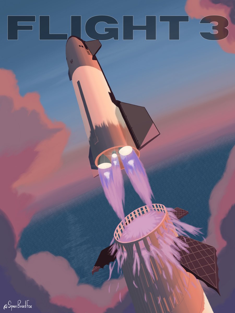 IFT-3- the greatest Starship flight yet. With another full 33 engine burn, hotstaging, and the first attempted booster landing. To celebrate it: the Flight 3 Poster, complete with art of the most beautiful part of launch: Hotstaging.

Get it now: perigeeaero.com/shop/p/the-ift…