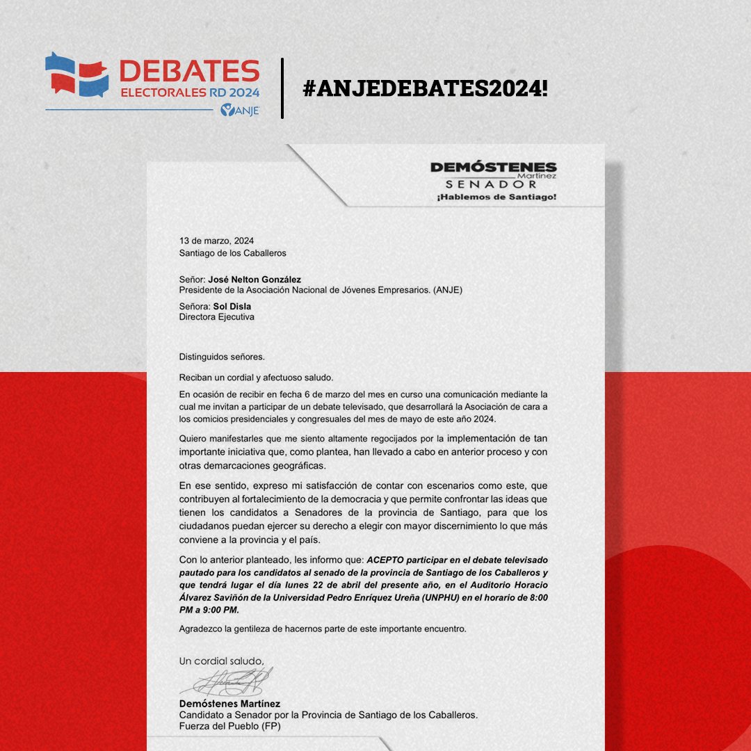 ¡Felicitamos a @demostenesm por ser el primer candidato en confirmar su participación en los #AnjeDebates2024! 

#FuerzaExternaSti🇩🇴