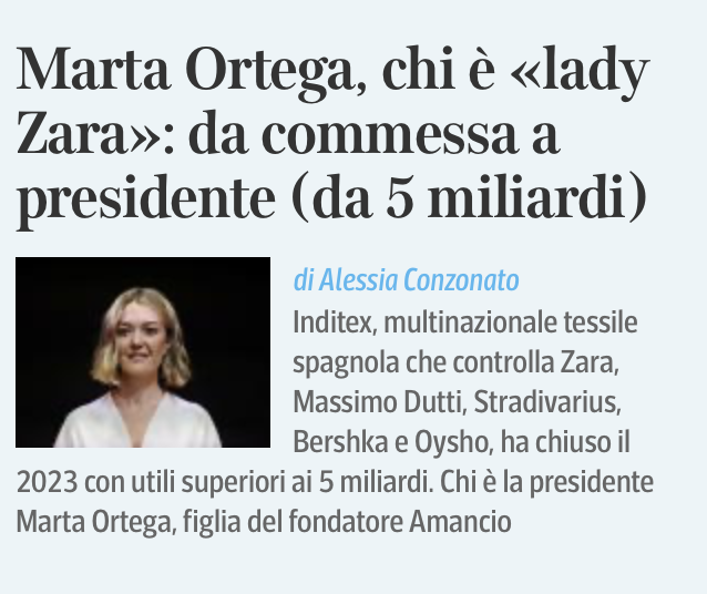NicolaMelloni's tweet photo. Il merito al tempo del capitalismo: da commessa a presidente. 
Ma era la figlia del padrone. 
(Titolo notevole, va detto) https://t.co/YTBiaUsi2n