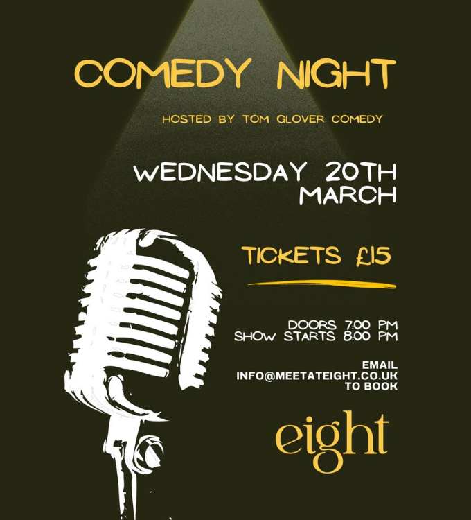 LoveYeovil's tweet image. Comedy night at Meet at eight! 🎤 

📆:20th March| doors open from 7pm, show starts at 8pm
📍8 Silver Street, BA20 1HW
🎟️:£15 per person

Email info@meetateight.co.uk to book.

#LoveYeovil #MeetAtEight #ComedyNight #EventsinYeovil #Somerset #Yeovil #Booknow