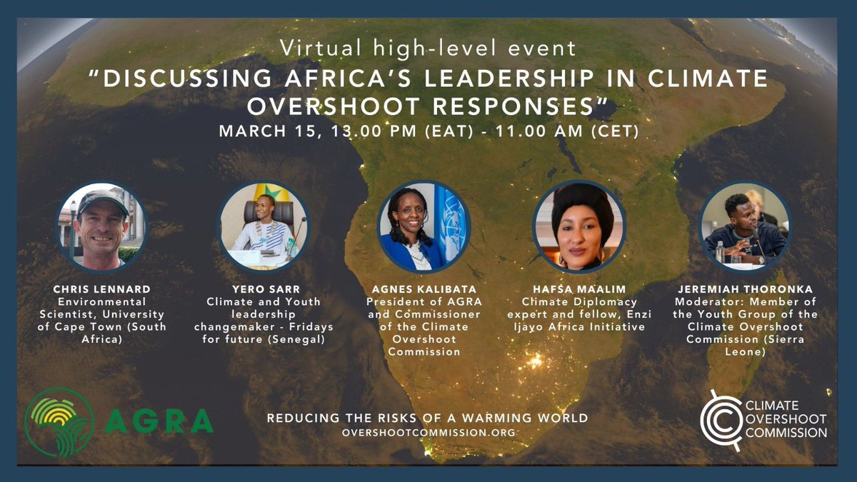 🌍 Don't miss our discussion in collaboration with @AGRA_Africa on Africa's climate leadership! 📅 March 15, 13:00 EAT / 11:00 CET 📍 Zoom: us06web.zoom.us/j/86489927983?… 🌟 with @Agnes_Kalibata @ma3lim_h @SarrYero2 @JeremiahThoron and Chris Lennard