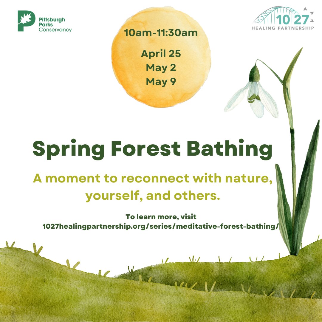 Certified forest bathing guides will lead us in gentle walks from Frick Park Environmental Center, with frequent moments of meditation and connection to nature and community. Register today! 🌼 1027healingpartnership.org/series/meditat…