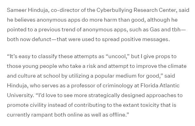 My thoughts in a new @insidehighered piece on university-wide bans of anonymous social media apps Yik Yak, Sidechat, Fizz, and Whisper. insidehighered.com/news/tech-inno…