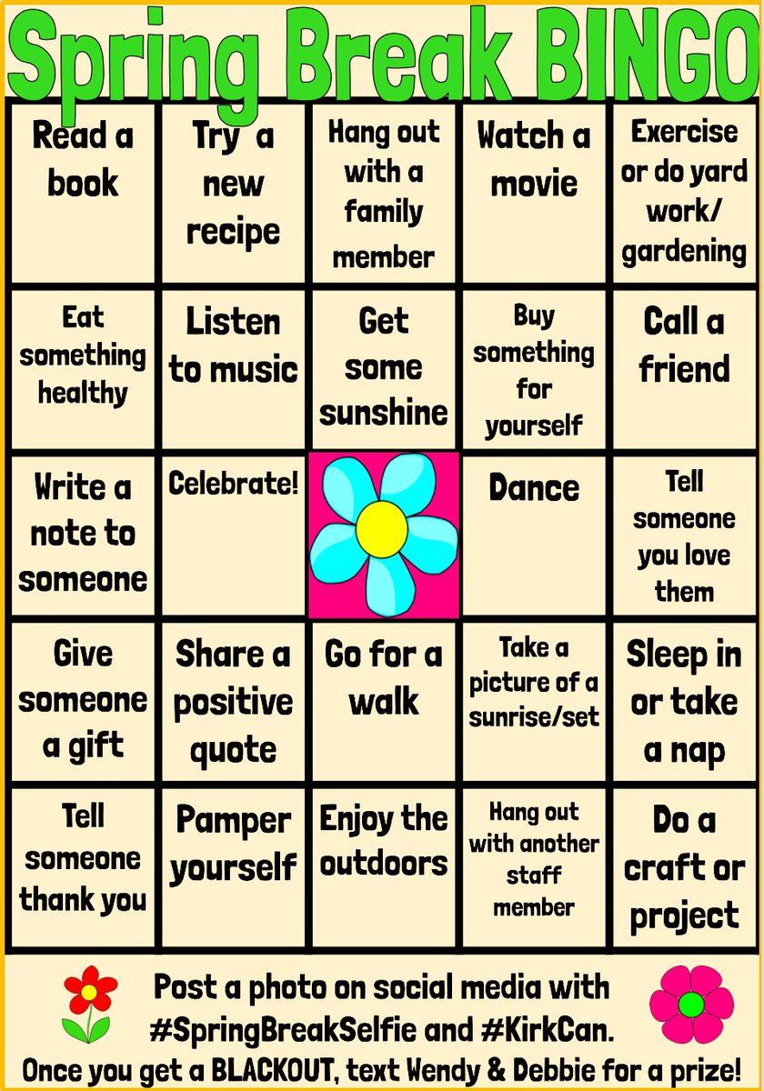 KirkElementary's tweet photo. Our #SpringBreakSelfie challenge is going strong!
We still have 4️⃣ days left!
Who will be our lucky 🍀 winner? First one to a BLACKOUT wins!
Contenders: @KellieLeholm @mrssanchez824 @ms_santiago42 @scavellag @MsTisch
Remember—text 📱 @Deb4change & @MrsHankinsClass #KirkCan https://t.co/vswM8ytval