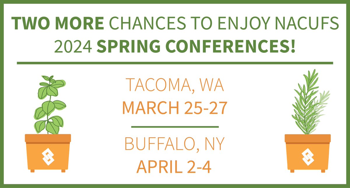 NACUFS 2024 Spring Conferences are coming to Tacoma, WA & Buffalo, NY next! Tomorrow's your final chance to book your Buffalo room and enjoy convenience plus unbeatable rates! Dive into sustainability, staff retention, and more. Register now! #GrowWithNACUFS #CollegiateDining