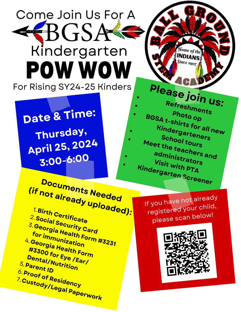 We hope to see our rising Kindergarten students at our upcoming Pow Wow! #ballgroundstrong #4tribes1family #BGRocks