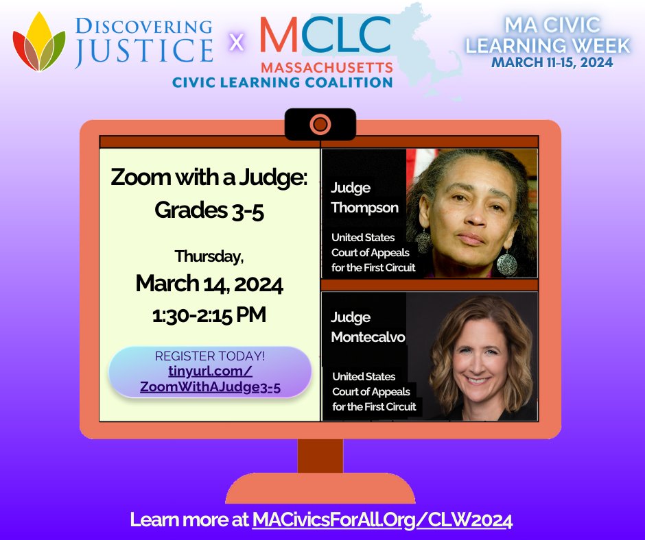 We're hosting one more event for Massachusetts #CivicLearningWeek 2024! Our virtual 'Zoom With A Judge' event this afternoon gives MA students in grades 3-5 a chance to meet, learn from, and ask questions of two MA judges. Learn more: tinyurl.com/ZoomWithAJudge…