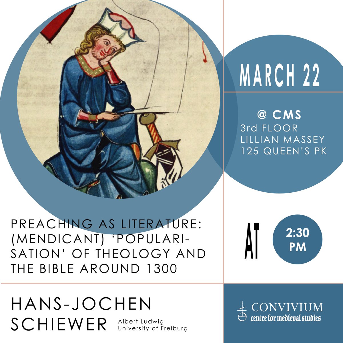 Hosted by Markus Stock, @UofTCMS welcomes Hans-Jochen Schiewer of @UniFreiburg on 'Preaching as Literature: (Mendicant) ‘Popularization’ of Theology and the Bible around 1300' on March 22. RSVP to attend in person or via Zoom 👉 uoft.me/acQ