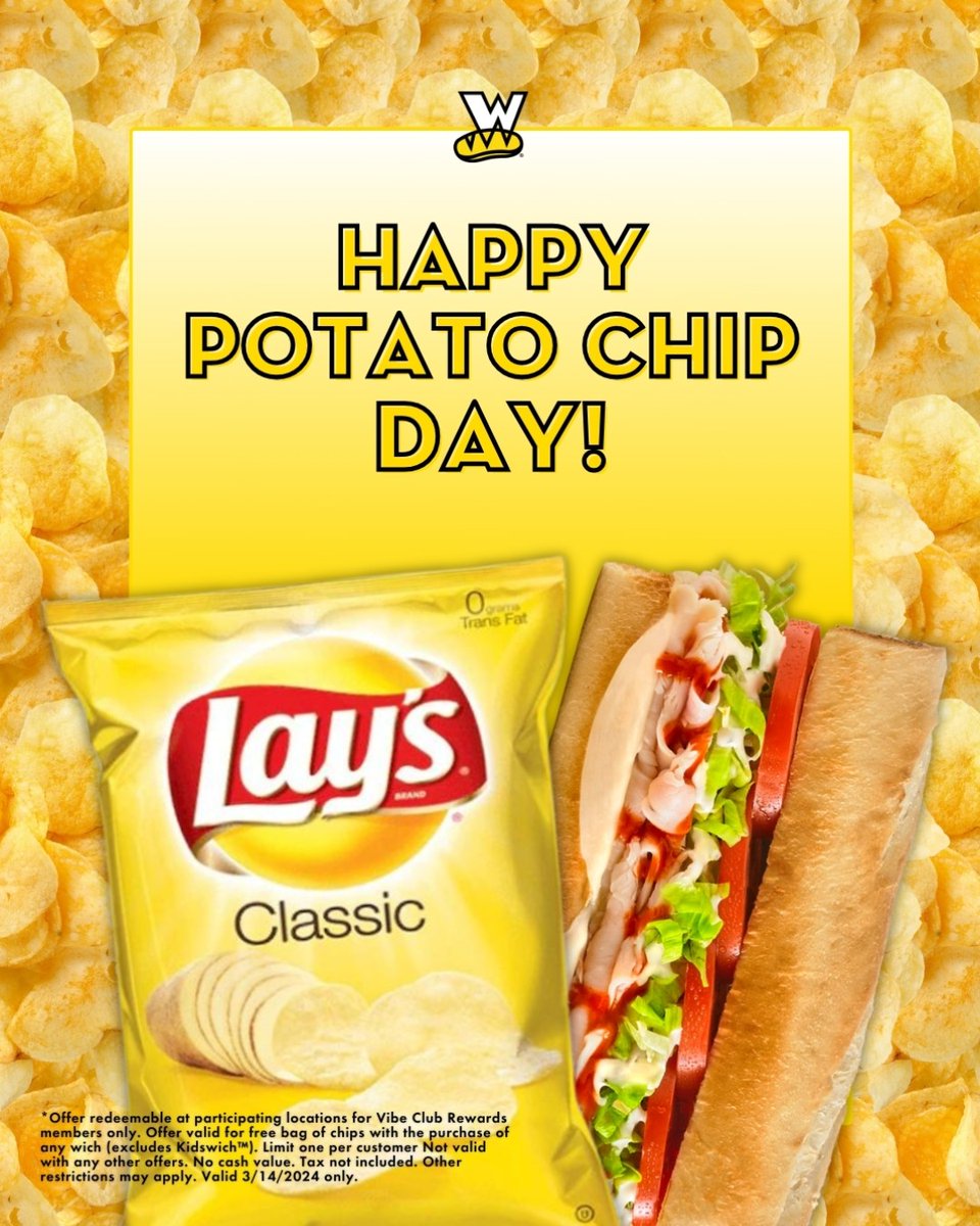 Celebrate Potato Chip Day with a FREE bag of chips when you purchase a Wich! Valid for Vibe Club Members at participating locations today only. #Freebie #PotatoChipDay #WhichWich
