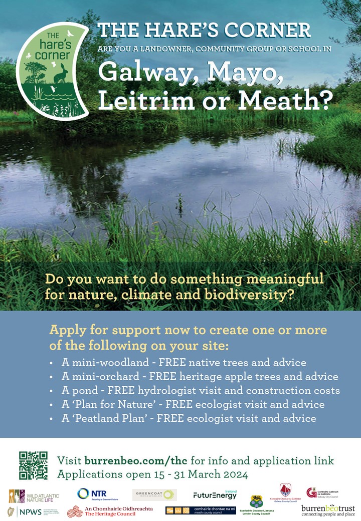 Yes its true! The #Harescorner is expanding into #Galway, #Mayo, #Meath & #Leitrim offering fantastic opportunity for landowners in these areas to make more space for #nature. Applications open 15 March. More info: burrenbeo.com/thc Thanks to our many partners and funders!