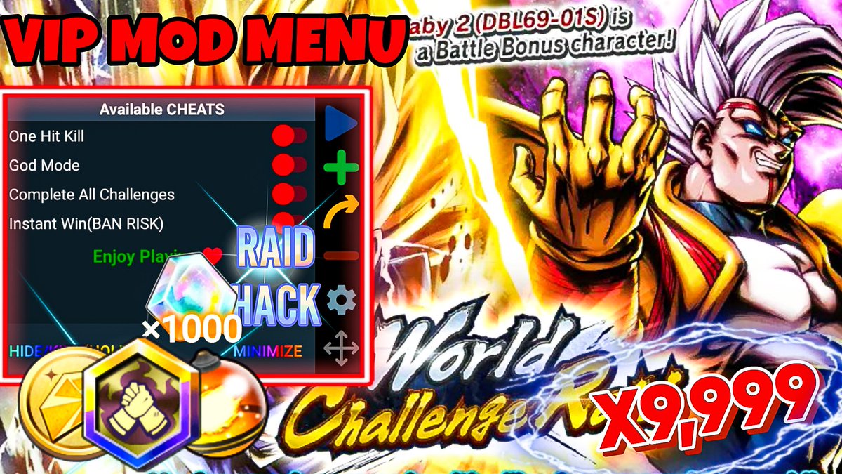AptrexGaming's tweet photo. (NEW!) WORLD CHALLENGE RAID HACK! VIP MOD MENU | Unlimited Raid Medal ๐| Dragon Ball Legends v5.0.1
https://t.co/jy7dFGLoaX
#DBLegends
#NamesesCampaign https://t.co/veopJUpzXh