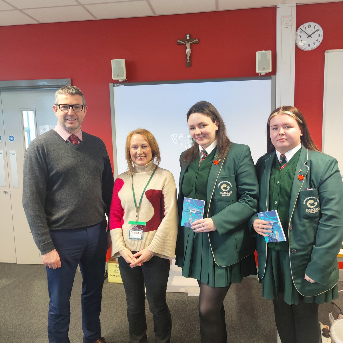 This week Sharon Roden from <a href="/LJMU/">Liverpool John Moores University</a> came into school to talk to our Year 13 students about life at the university and applying for courses.  Pictured in the photo is Mr O'Connor Head of KS5, Sharon Roden, alongside pupils Leah and Keela.