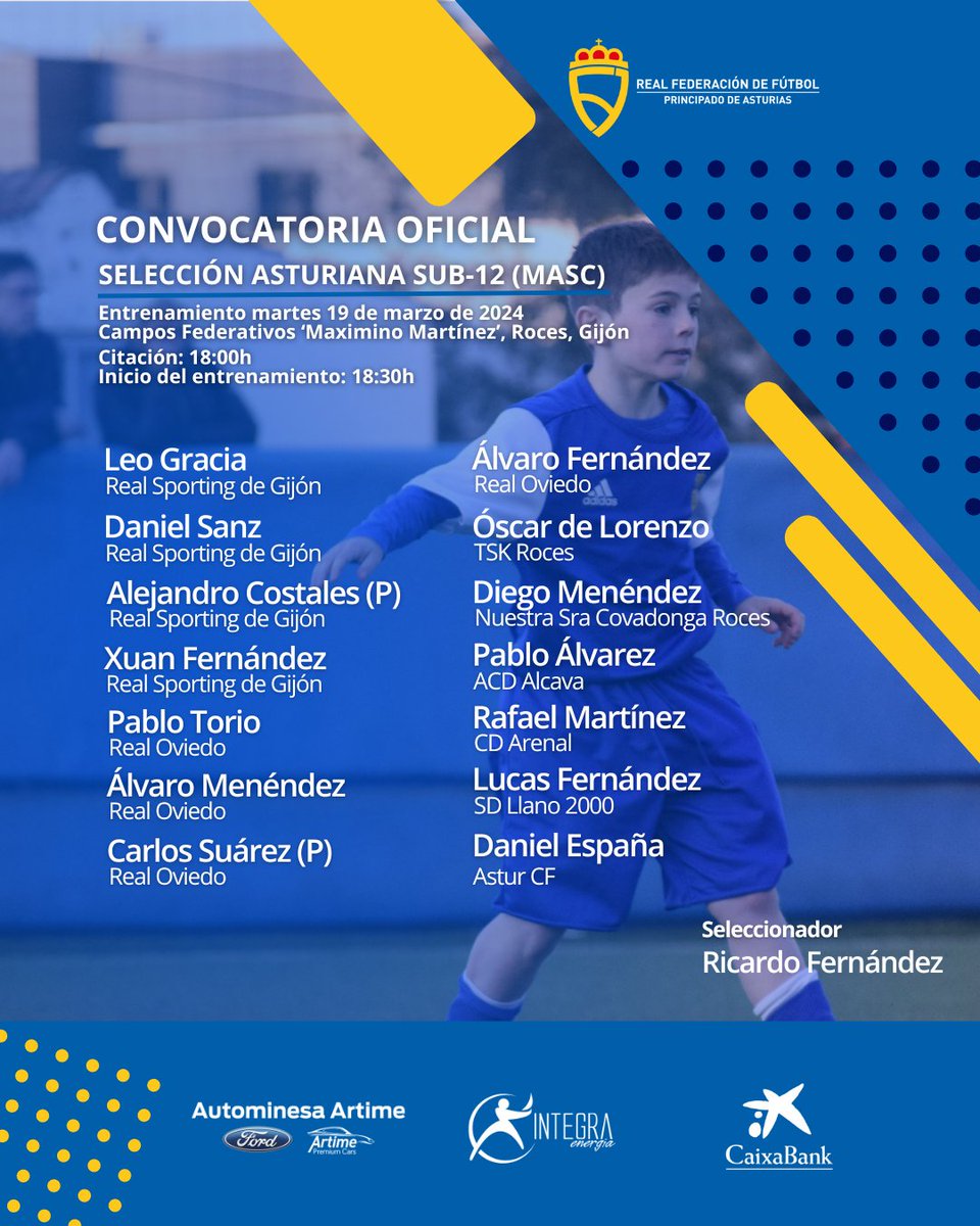 asturfutbol's tweet photo. 𝐒𝐄𝐋𝐄𝐂𝐂𝐈𝐎𝐍𝐄𝐒 𝐀𝐒𝐓𝐔𝐑𝐈𝐀𝐍𝐀𝐒      

🔹Martes 19, Campos Federativos 
➡️ 18:30h, Sub-12  Femenina, entrenamiento
➡️ 18:30h, Sub-12  Masculina, entrenamiento  

ℹ️ https://t.co/qIVNIyFLVN https://t.co/wlMklpK39X