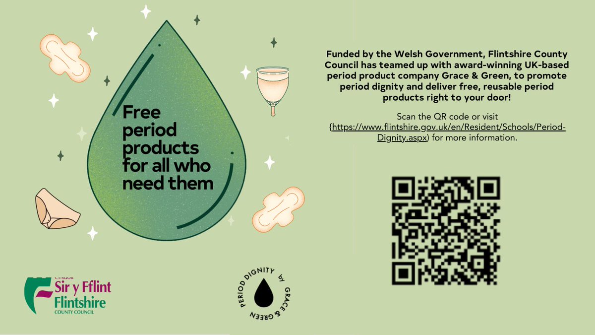 If you are aged 8-18 years and attend a school in Flintshire, please visit tinyurl.com/y27udn6s to apply for free period products.