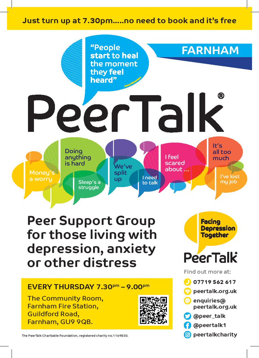 Our weekly Farnham peer support group for adults experiencing anxiety and/or depression meets in the Community Room at the Farnham Fire Station, every Thursday, 7.30 - 9pm. You don't need to book or be referred in, you are most welcome to simply show up. #PeerTalk #PeerSupport