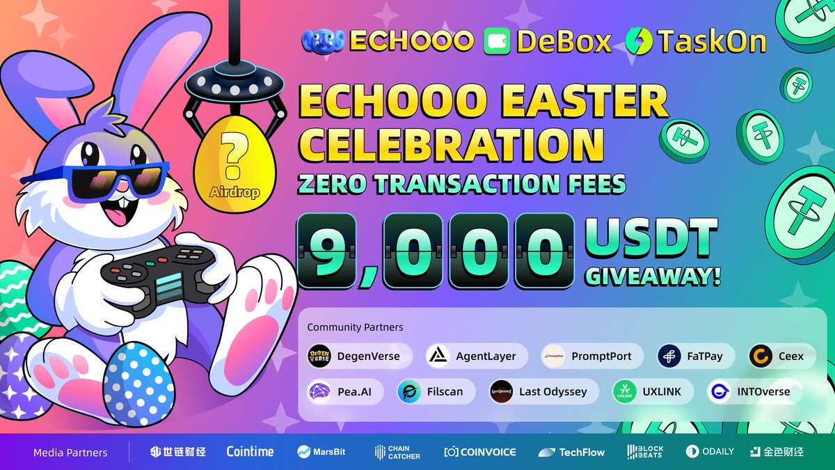 ECHOOO- Self Custodial AA Crypto Wallet (@echooo_wallet) on Twitter photo 🌟 Easter Extravaganza with <a href="/echooo_wallet/">ECHOOO- Self Custodial AA Crypto Wallet</a> <a href="/DeBox_Social/">DeBox</a> <a href="/taskonxyz/">TaskOn | Ultimate Web3 Community Growth Platform</a>!🎉 Split a 9,000 USDT Prize Pool
🏆💝 🌟 Featuring 10 distinguished projects:
<a href="/degen_game/">DegenVerse |In the Championship</a> <a href="/Agent_Layer/">AgentLayer | $AGENT Listed</a> <a href="/PromptportAi/">PromptPort</a> @INTOverse_ <a href="/ceexglobal/">CEEX</a> @Pea_GPTs <a href="/FilscanOfficial/">Filscan.io</a> <a href="/LastOdyssey_io/">Last Odyssey | Open Beta Test LIVE NOW ⚔️</a> <a href="/UXLINKofficial/">UXLINK</a> <a href="/realFatPay/">FaTPay</a> 🌟 Easter Extravaganza with <a href="/echooo_wallet/">ECHOOO- Self Custodial AA Crypto Wallet</a> <a href="/DeBox_Social/">DeBox</a> <a href="/taskonxyz/">TaskOn | Ultimate Web3 Community Growth Platform</a>!🎉 Split a 9,000 USDT Prize Pool
🏆💝 🌟 Featuring 10 distinguished projects:
<a href="/degen_game/">DegenVerse |In the Championship</a> <a href="/Agent_Layer/">AgentLayer | $AGENT Listed</a> <a href="/PromptportAi/">PromptPort</a> @INTOverse_ <a href="/ceexglobal/">CEEX</a> @Pea_GPTs <a href="/FilscanOfficial/">Filscan.io</a> <a href="/LastOdyssey_io/">Last Odyssey | Open Beta Test LIVE NOW ⚔️</a> <a href="/UXLINKofficial/">UXLINK</a> <a href="/realFatPay/">FaTPay</a>