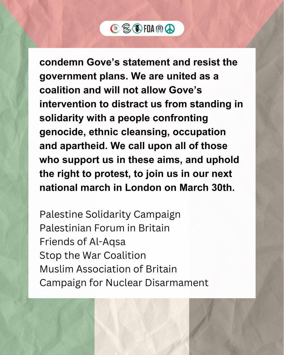 A statement by the coalition followimg Michael Gove’s statement today. #FreePalestine #CeaseFireNow