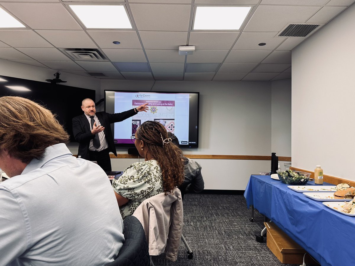 GeorgetownDG's tweet image. Yesterday our program collaborated with the Conflict Resolution program as we welcomed Staffan Lindberg from the @vdeminstitute to present the Democracy Report 2024: Democracy Winning and Losing at the Ballot!