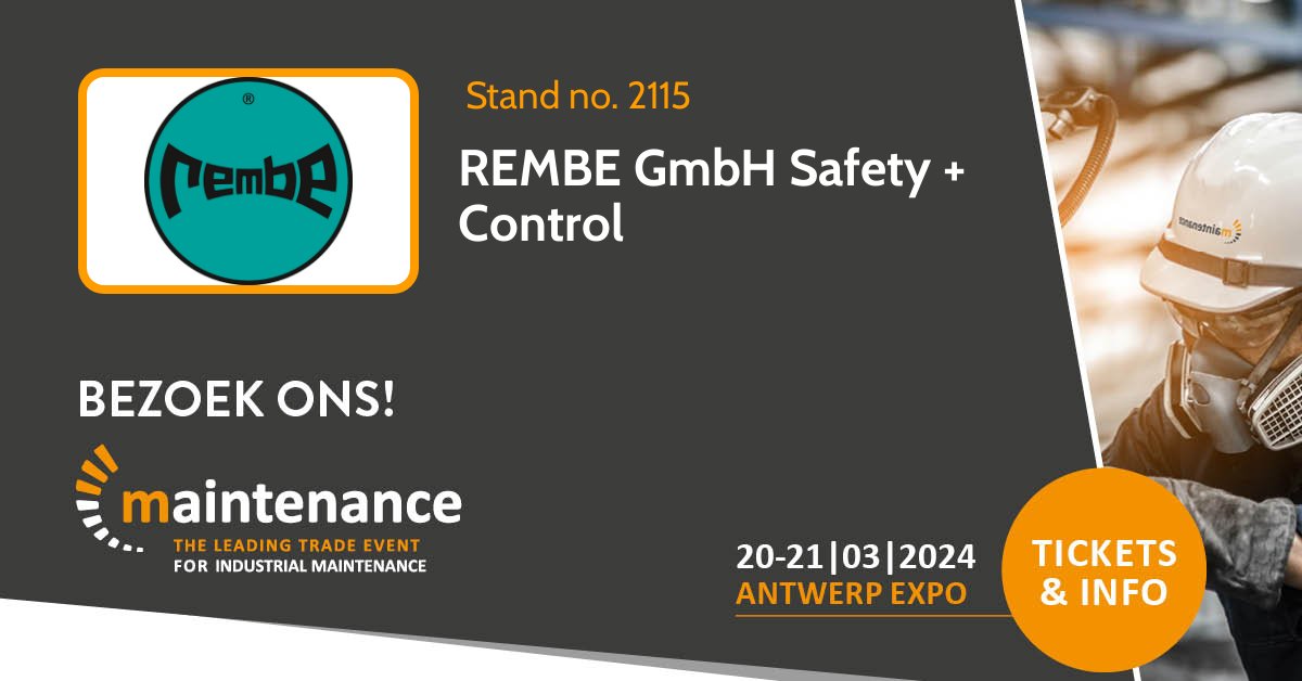 Visit REMBE® at the #Maintenace Expo in Antwerp.
The exhibition for industrial maintenance will take place from 20.-21 March 2024 in Belgium. Our team Anna Strake and Stephan Burmann are looking forward to your visit at our stand 2115. 
#processsafety #exhibition #rembelive