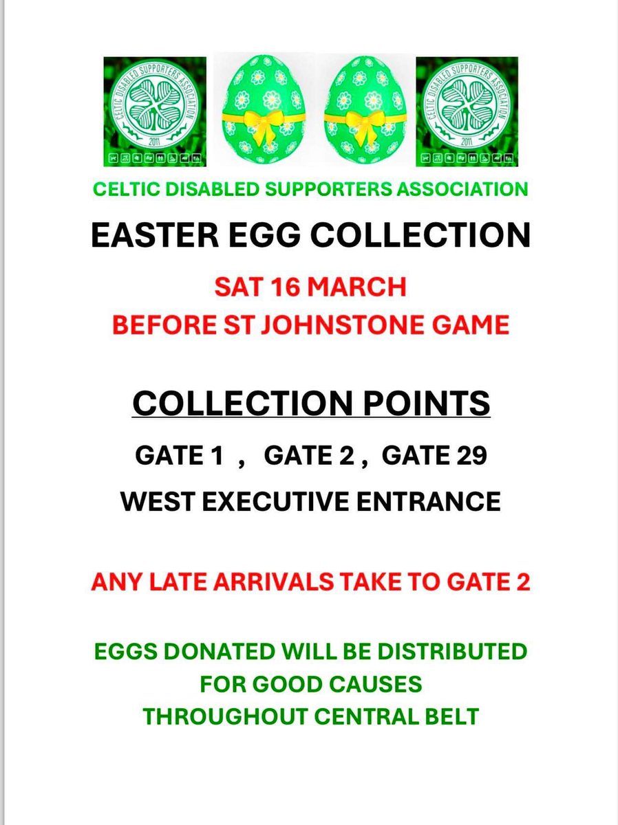 CelticFCDAO's tweet photo. The Celtic Disabled Supporters Association (CDSA) will be holding an Easter Collection on Saturday prior to the St Johnstone match.  All donations welcome and details on collection points below @celticVI @CelticFCSLO 🍀🐣 https://t.co/dSd7AP12nz