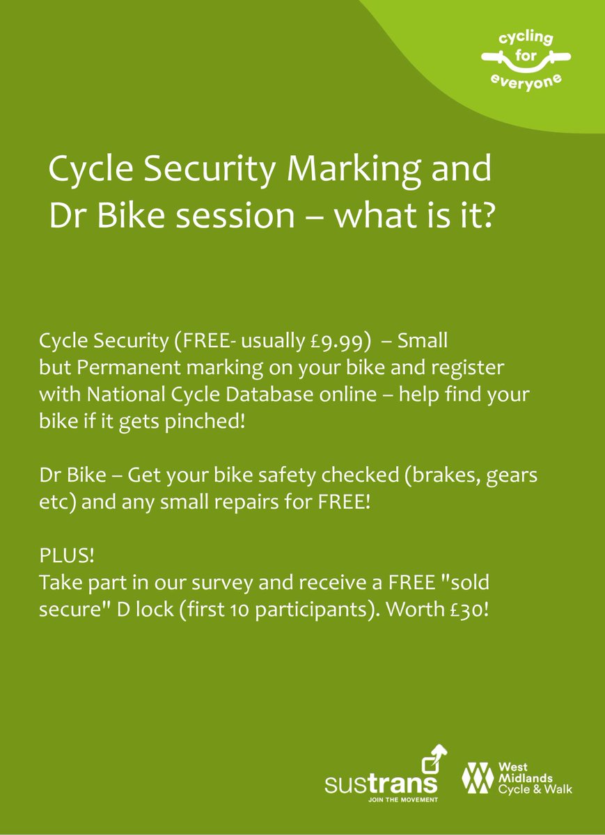 Want to make sure your bike is safe and secure for FREE? 🚲🔐 Come along to @SustransWMids's next Cycling Security session and get your bike checked, repaired or security marked! 📍 This Monday (18 March), 2pm-6pm at Chelmsley Wood Shopping Centre