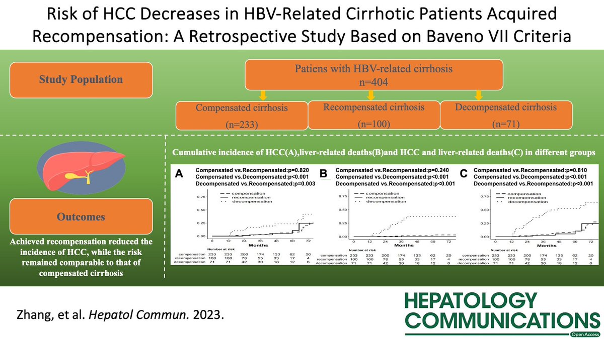 📑Risk of HCC ⬇️ in HBV-related patients with cirrhosis acquired recompensation‼️ 🔑 Patients with HBV-related decompensated cirrhosis who experienced recompensation had a ⬇️ risk of HCC comparable to those with compensated cirrhosis #LiverTwitter journals.lww.com/hepcomm/fullte…