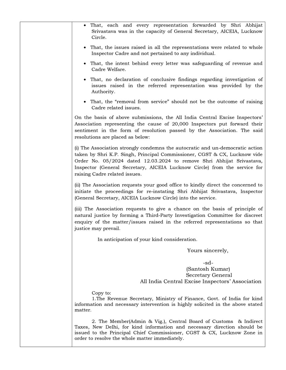 <a href="/narendramodi/">Narendra Modi</a> <a href="/PMOIndia/">PMO India</a> <a href="/nsitharaman/">Nirmala Sitharaman</a> <a href="/FinMinIndia/">Ministry of Finance</a> <a href="/mppchaudhary/">Pankaj Chaudhary</a> <a href="/cbic_india/">CBIC</a> <a href="/cgstluckzone/">CGST Lucknow Zone</a> <a href="/PIB_India/">PIB India</a> 
#Justice4Abhijat 
We strongly condemning the order issued by Shri K P Singh, Principal Commissioner, CGST &amp; CX, Lucknow for removal from service of Shri Abhijat Srivastava,