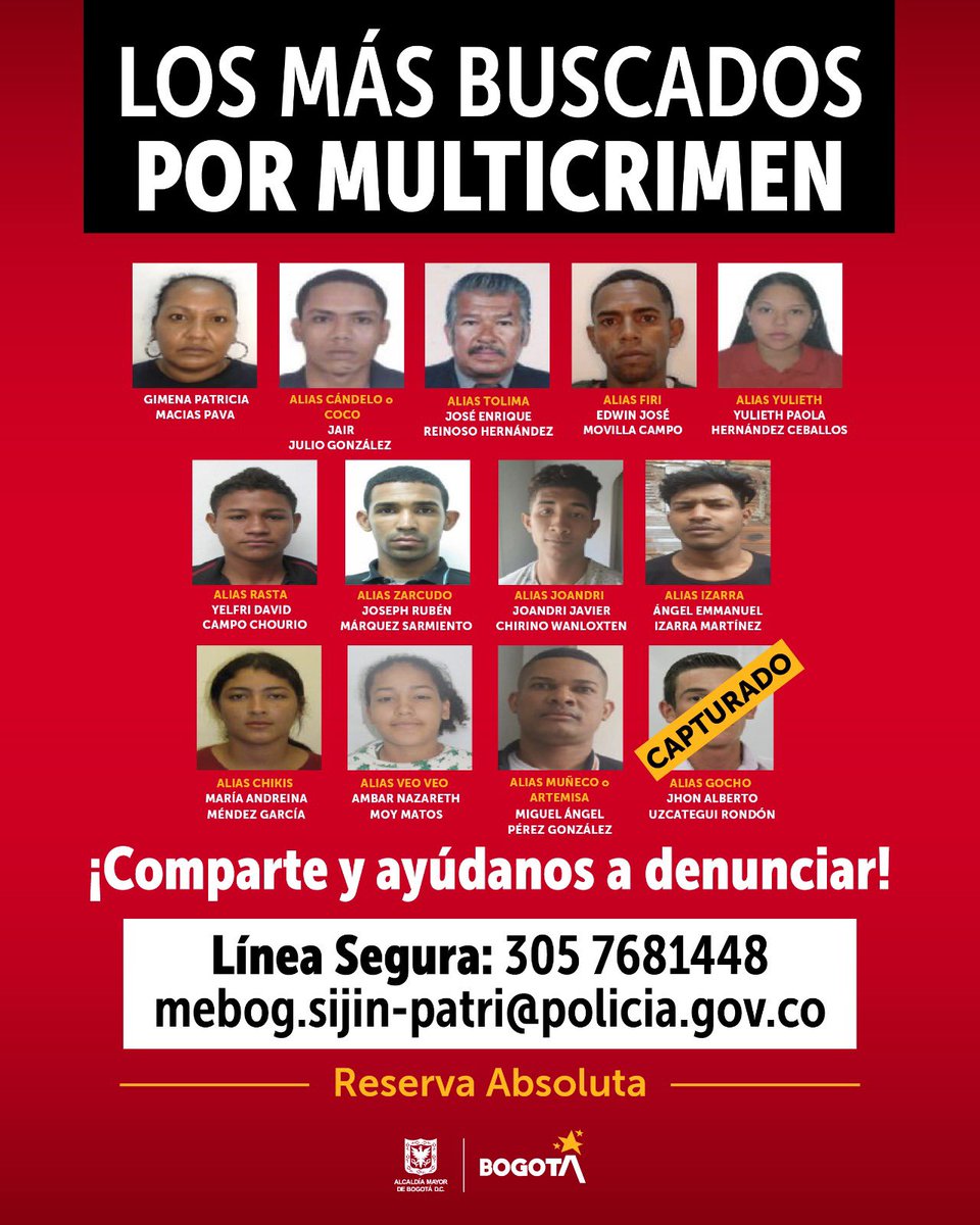 Bogota's tweet photo. Con la ayuda de la ciudadanía los podremos capturar.

La @PoliciaBogota ofrece hasta 50 millones de pesos de recompensa para la persona que brinde información que permita dar con la captura de estas 12 personas, presuntos responsables de multicrimen en la ciudad. 👇🏽 https://t.co/2isqthpRwW