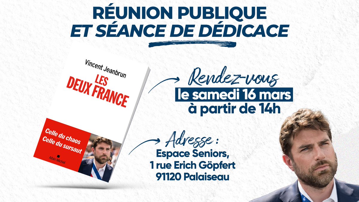 🔴 C’est ce samedi !

Je serai à Palaiseau pour une réunion publique et une séance de dédicace ce samedi 16 mars.

Rendez-vous à partir de 14h.
Cc <a href="/gdelasteyrie/">Grégoire de Lasteyrie</a> <a href="/YannPetel/">PETEL Yann</a>

📲 Inscription : form.qomon.org/essonne-lesdeu…