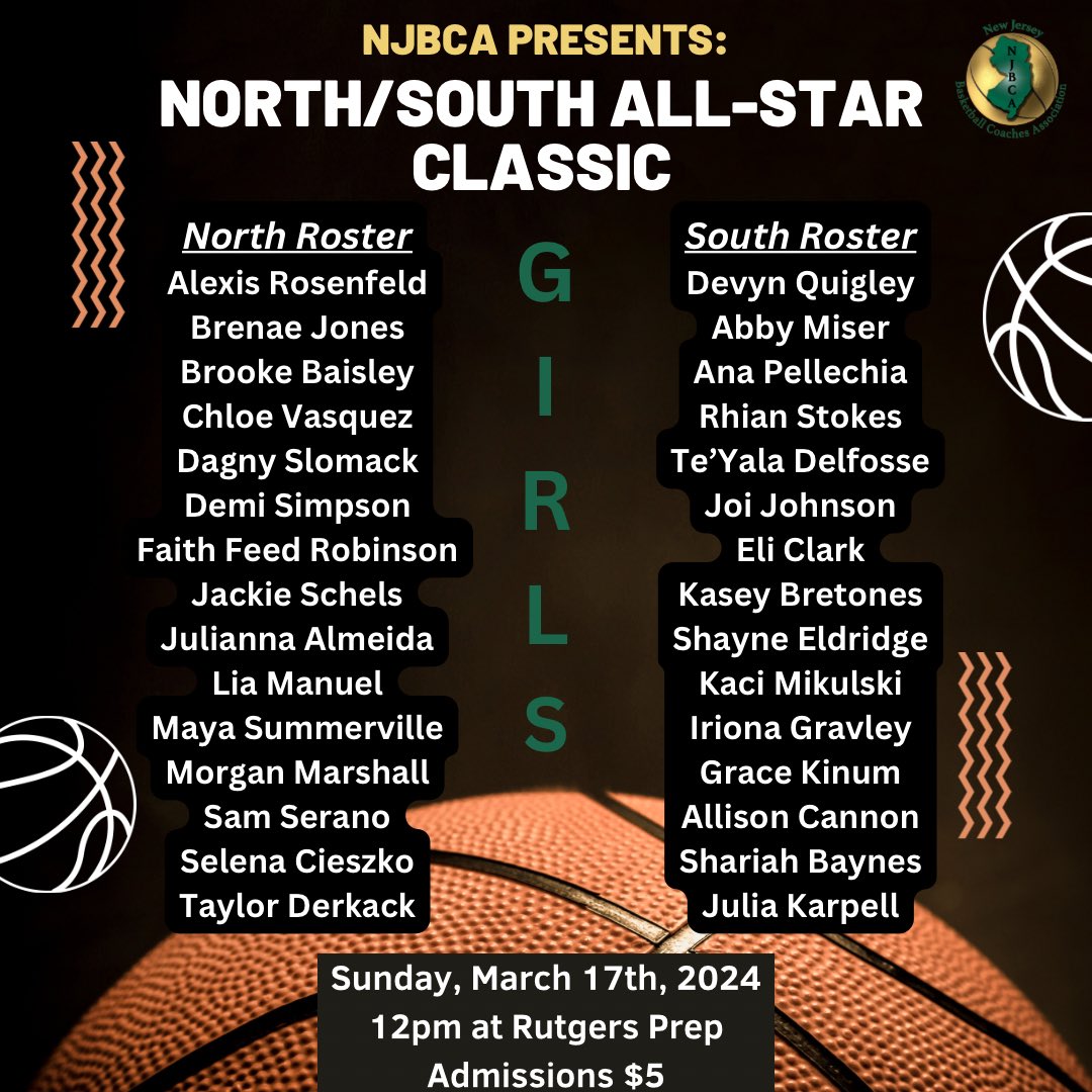 New Jersey Basketball Coaches Association (@njbca_official) on Twitter photo NJBCA’s Girl’s North/South Roster is here! #njbasketball #girlsbasketball <a href="/NJLadiesHoops/">NJ Ladies Hoops</a> <a href="/PGHNewJersey/">Prep Girls Hoops New Jersey</a> <a href="/nlowe11/">Nick Lowe</a> <a href="/ByLuisTorres/">Luis Torres</a> <a href="/laurenknego/">Lauren Knego</a> <a href="/EJayArrow/">E J 🏀</a> <a href="/Thesjibt/">THE SJIBT SCORES</a> <a href="/NNJGirlsHoops/">North Jersey Girls Hoops</a> <a href="/CJSportsRadio/">Central Jersey Sports Radio</a> <a href="/SimeonPincus/">Simeon Pincus</a> <a href="/dbrust1030/">Brust</a> NJBCA’s Girl’s North/South Roster is here! #njbasketball #girlsbasketball <a href="/NJLadiesHoops/">NJ Ladies Hoops</a> <a href="/PGHNewJersey/">Prep Girls Hoops New Jersey</a> <a href="/nlowe11/">Nick Lowe</a> <a href="/ByLuisTorres/">Luis Torres</a> <a href="/laurenknego/">Lauren Knego</a> <a href="/EJayArrow/">E J 🏀</a> <a href="/Thesjibt/">THE SJIBT SCORES</a> <a href="/NNJGirlsHoops/">North Jersey Girls Hoops</a> <a href="/CJSportsRadio/">Central Jersey Sports Radio</a> <a href="/SimeonPincus/">Simeon Pincus</a> <a href="/dbrust1030/">Brust</a>