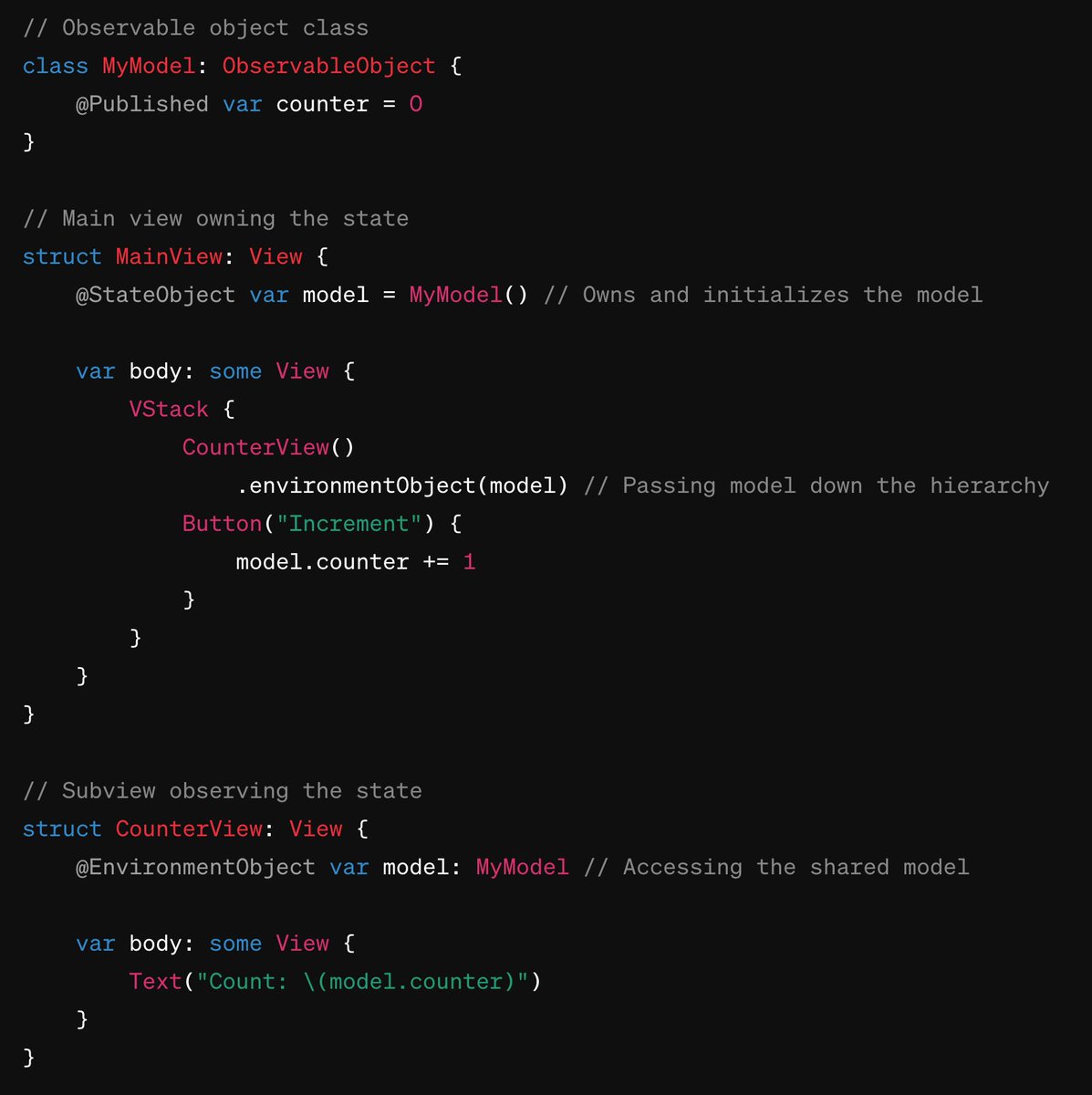 sinarez's tweet photo. @EnvironmentObject: For shared data across views, passed implicitly.
@Published: Marks properties in ObservableObject that trigger view updates.
@StateObject: Manages lifecycle of an ObservableObject within a view, for state ownership and initialization.
#SwiftLang #SwiftUI https://t.co/PZeHPwEyqN
