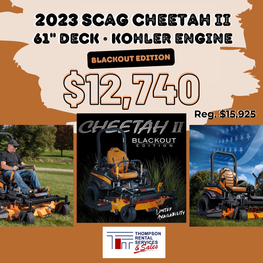 ThompsonRental's tweet photo. 2023 Scag Cheetah II Blackout Edition Zero-Turn Commercial Lawn Mower for sale brand new at 10135 Two Notch Rd - Thompson Rentals &amp; Sales. $12,740

- 61" Velocity Plus Cutter Deck
- 38hp Kohler Command Pro EFI
- Brand New 2023 Model, Blackout Edition https://t.co/ZEnnjtpFuh