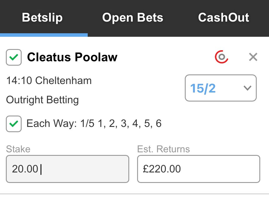 14:10 Cheltenham Cleatus Poolaw EW £10 EW returns £220 Huge offer for Cheltenham today!! Claim a £50 freebet for todays Cheltenham 🔥🔥 Sign up here bit.ly/3S8BZqq 18+ T&C apply BeGambleAware AD