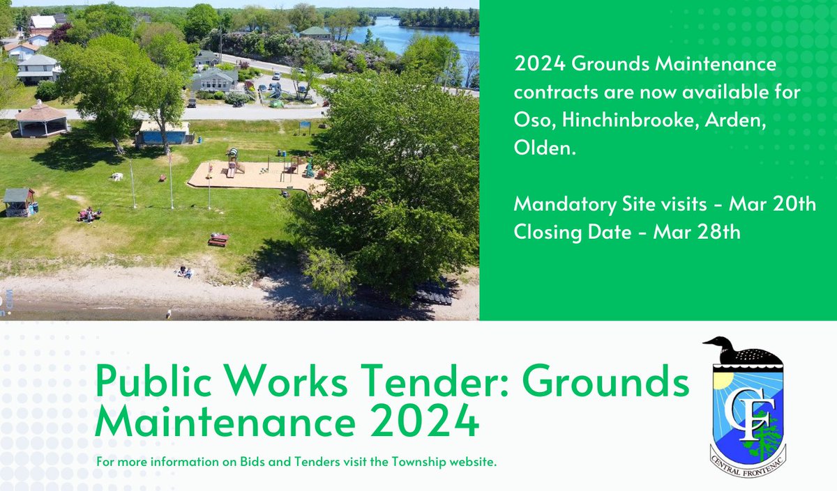 The 2024 Grounds Maintenance tenders are now available for all districts in Central Frontenac. 

Follow the link below to view full tender list and documents as well as instructions on how to apply. 

centralfrontenac.com/bidsandtenders/