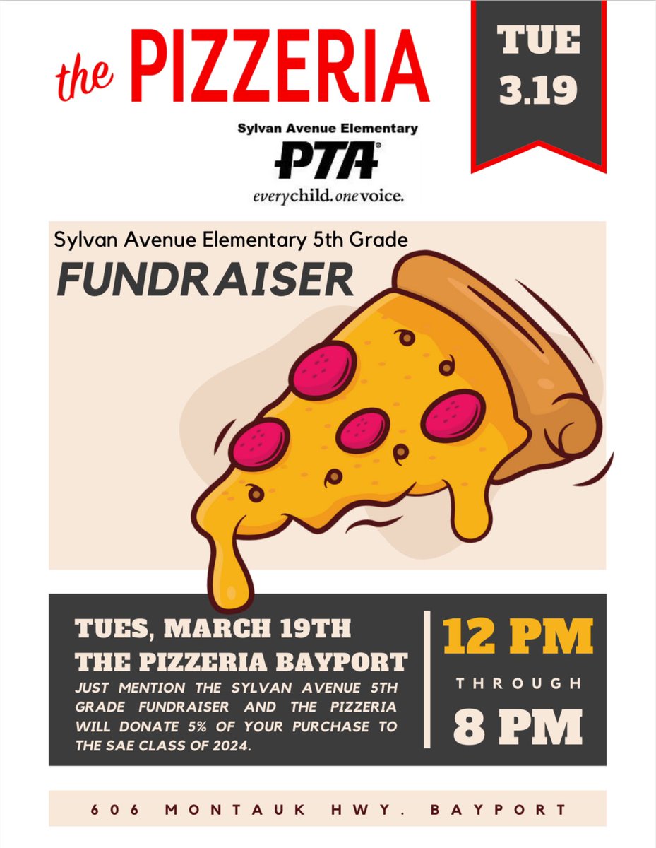 sylvanavepta's tweet photo. This Tuesday 3/19! Why cook when you can support our 5th graders by ordering out! Mention this fundraiser and The Pizzeria will donate 5% of your purchase to the SAE class of 2024!  🍕 https://t.co/Xx98M5IwB9