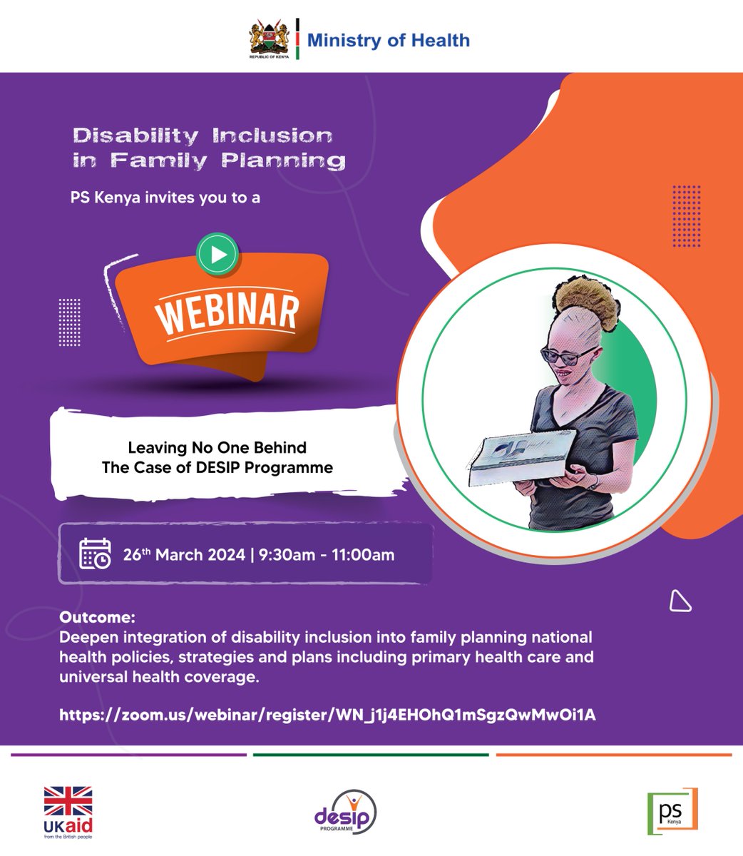 Webinar Alert! 🚨
#PSKenya’s #DESIP programme invites you to a webinar on:
📅 26th March 2024
🕤 9:30AM – 11AM
Theme – Leaving No One Behind. The Case of DESIP
🔗Registration Link: zoom.us/webinar/regist…