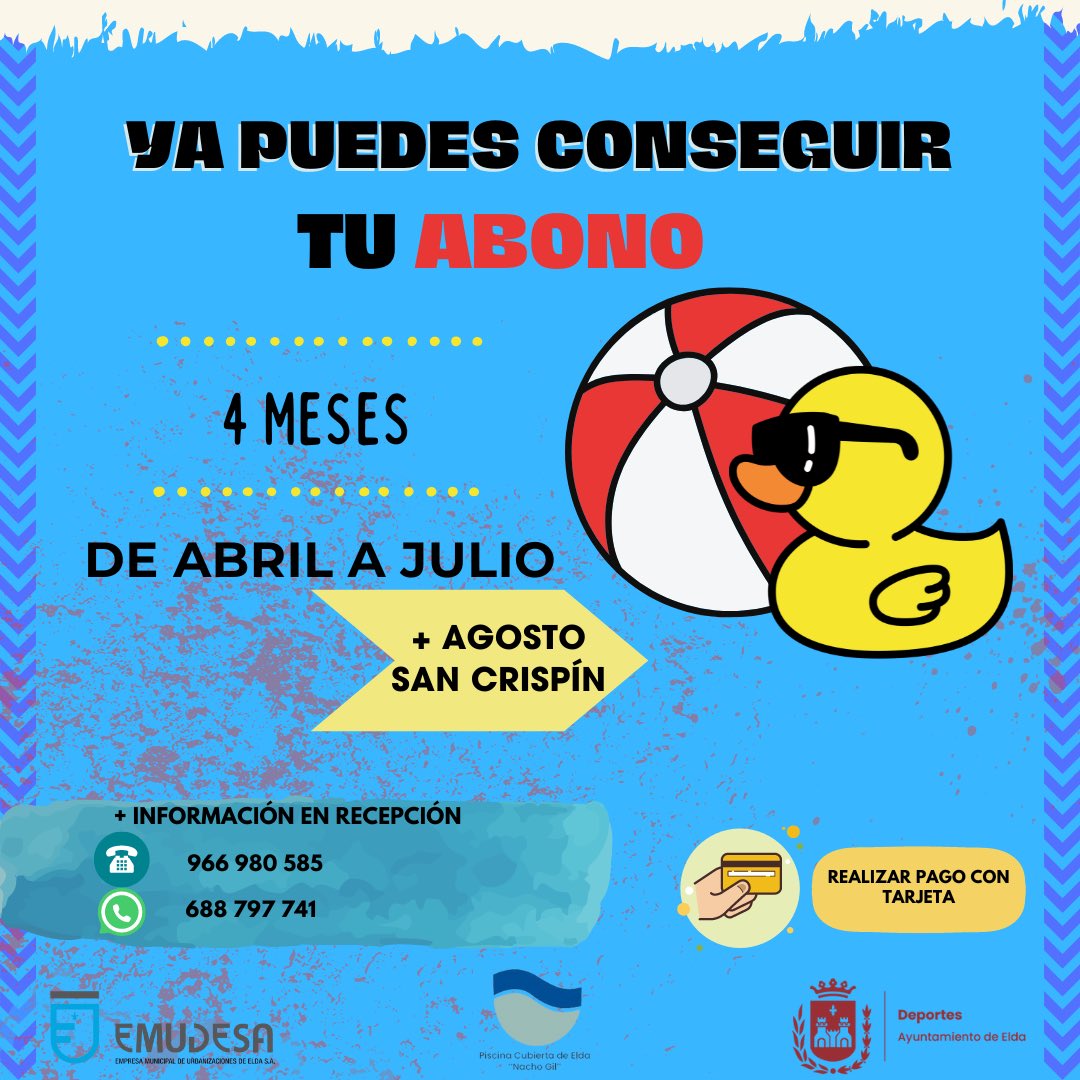ELDA_PISCINA's tweet image. 🩱¡Ya puedes conseguir tu abono para abril, mayo junio y julio!

☀️Además, te regalamos el mes de agosto en las piscinas de San Crispín.

ℹ️Infórmate de los diferentes abonos y precios en nuestras instalaciones⬇️: 

📍Carretera de Sax s/n de Elda.
📞 966 980 585
📲 688 797 741