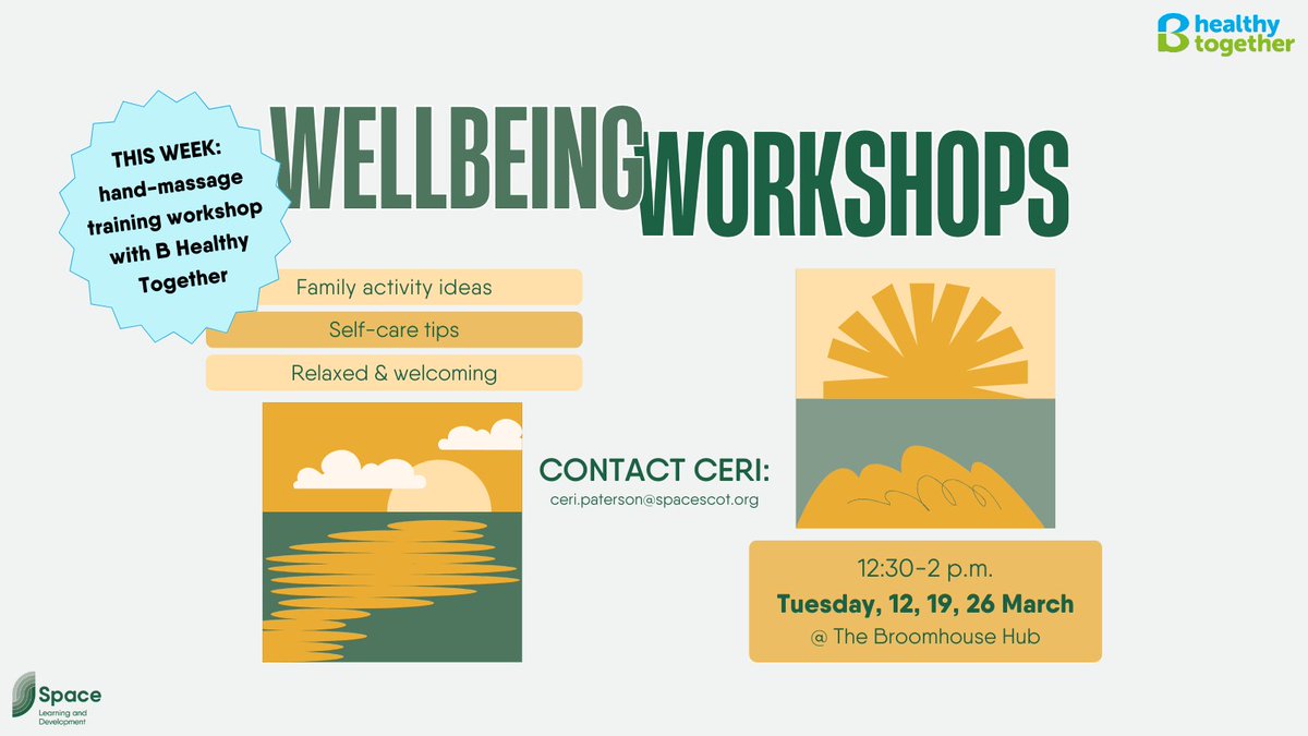 SpaceBroomhouse's tweet image. Stressed about school holidays? Looking for ideas to entertain family? Need some me time? 🙋‍♀️

Sign up for our #WellbeingWorkshops, where women can meet new people &amp;amp; learn new things in a safe, welcoming environment. 

** THIS WEEK: hand-massage training with @Bhealthytgether. **