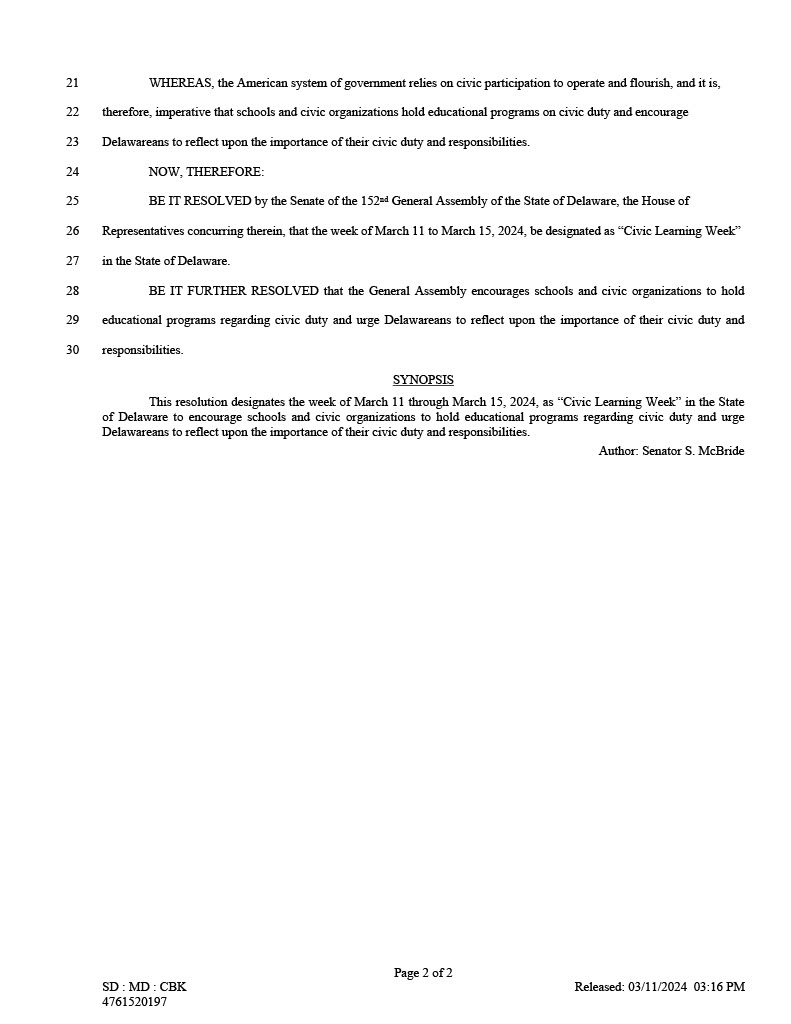 Civic Learning Week Day 3: @UDBidenSchool student Grace Donahue is serving as a Legislative Fellow with the DE state legislature this spring. She practiced her resolution-writing skills with SCR 122, recognizing #CivicLearningWeek. Read More: legis.delaware.gov/BillDetail?Leg…