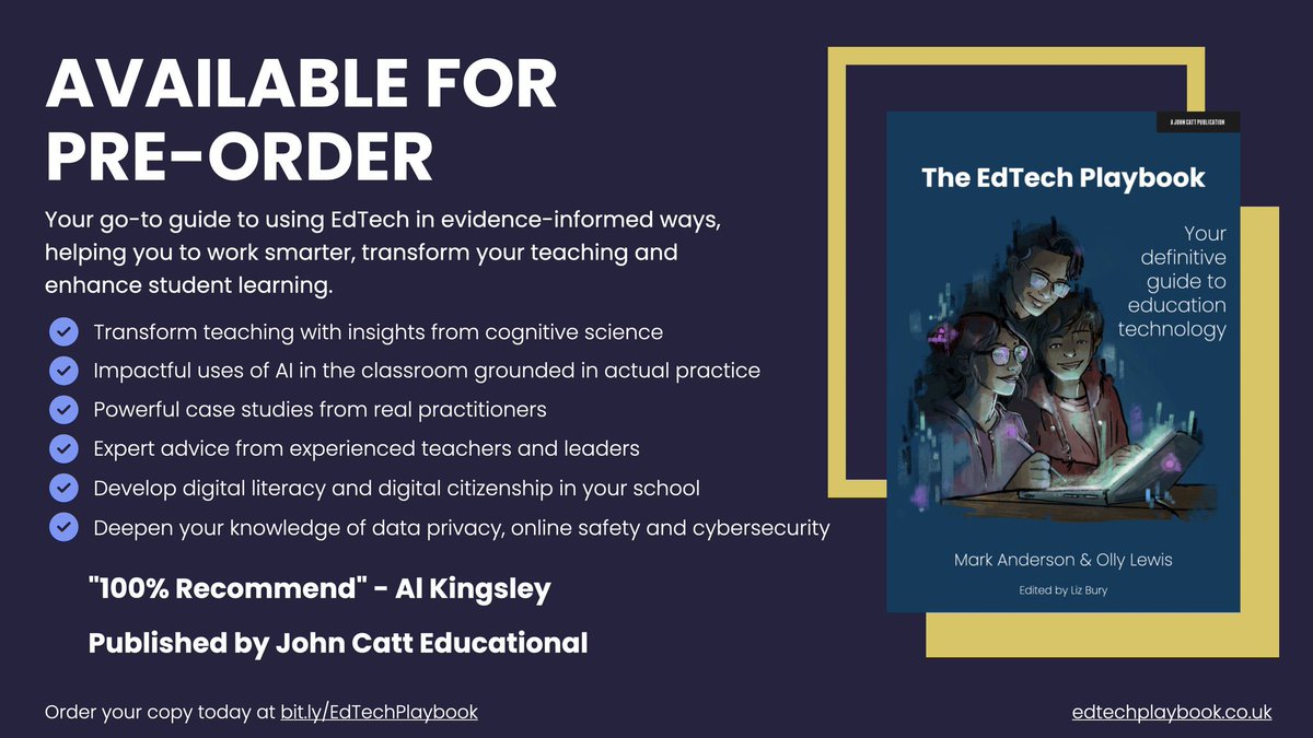 The #EdTechPlaybook is now available to pre-order!

Get yourself over to edtechplaybook.co.uk to find out more or pre-order at bit.ly/EdTechPlaybook 

#AIinEdu #CogSci #Accessibility #OnlineSafety #DataPrivacy #DigCit #DigitalTransformation #InstructionalDesign #EdTech