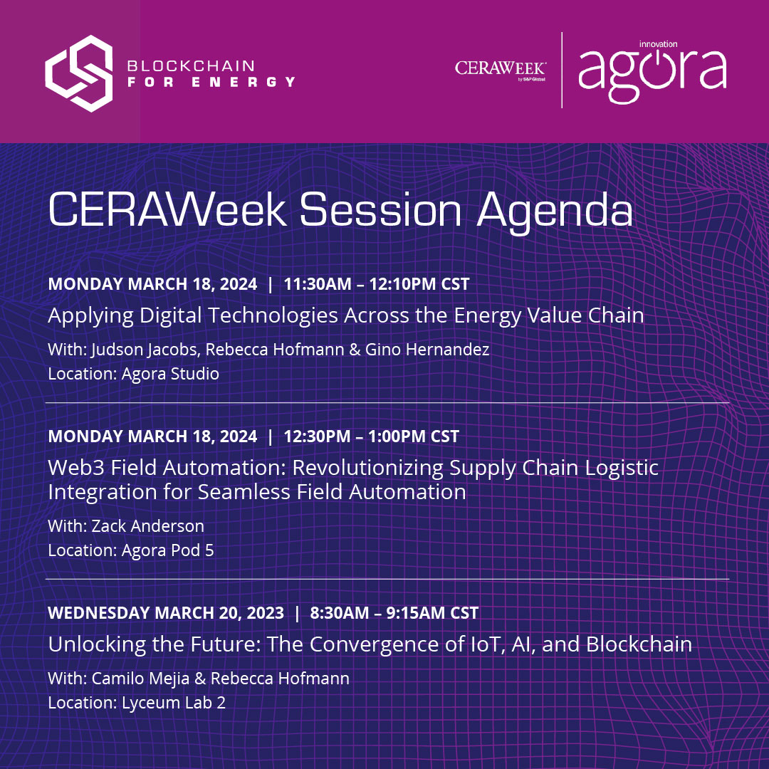 CERAWeek 2024!!! Join us on March 18 & 20 as we explore strategies for a multidimensional, multispeed and multifuel energy transition. B4E are participating in a number of revalatory sessions which we know you'll want to be part of. #CERAWeek #CWAgora #blockchainforenergy