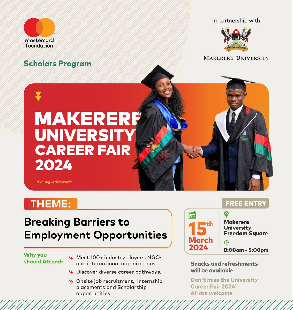 Do not miss this golden opportunity to be part of the Makerere University career fair. Tomorrow, starting at 8am in the freedom square. Come with a friend. @Makerere @MaKCEES @MCFMakerere @BettyKyakuwa