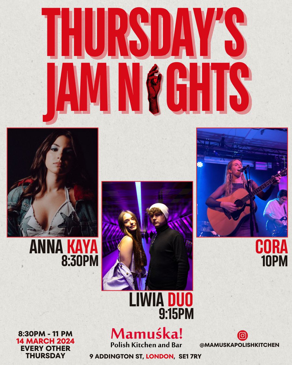 Jam Night at Mamuśka! 🎶 Starts with Anna Kaya at 8:30PM, Liwia duo at 9:15PM, Cora at 10PM, followed by an open jam. Special beer 2 for £10. Don’t miss it! #JamNight #LiveMusic #Mamuska