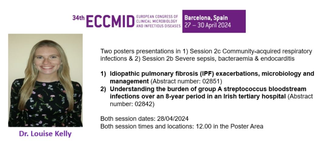 #ECCMID2024 Spotlight on Dr Louise Kelly @ICATProgramme #clinicianscientist @Beaumont_Dublin #microbiology Topics; lung fibrosis, #GroupAStrep bloodstream #infection @FfitzP @sinead802 @iscm_micro @ILFA_Ireland. Check out recent @TheJNS letter here doi.org/10.3171/2023.9…