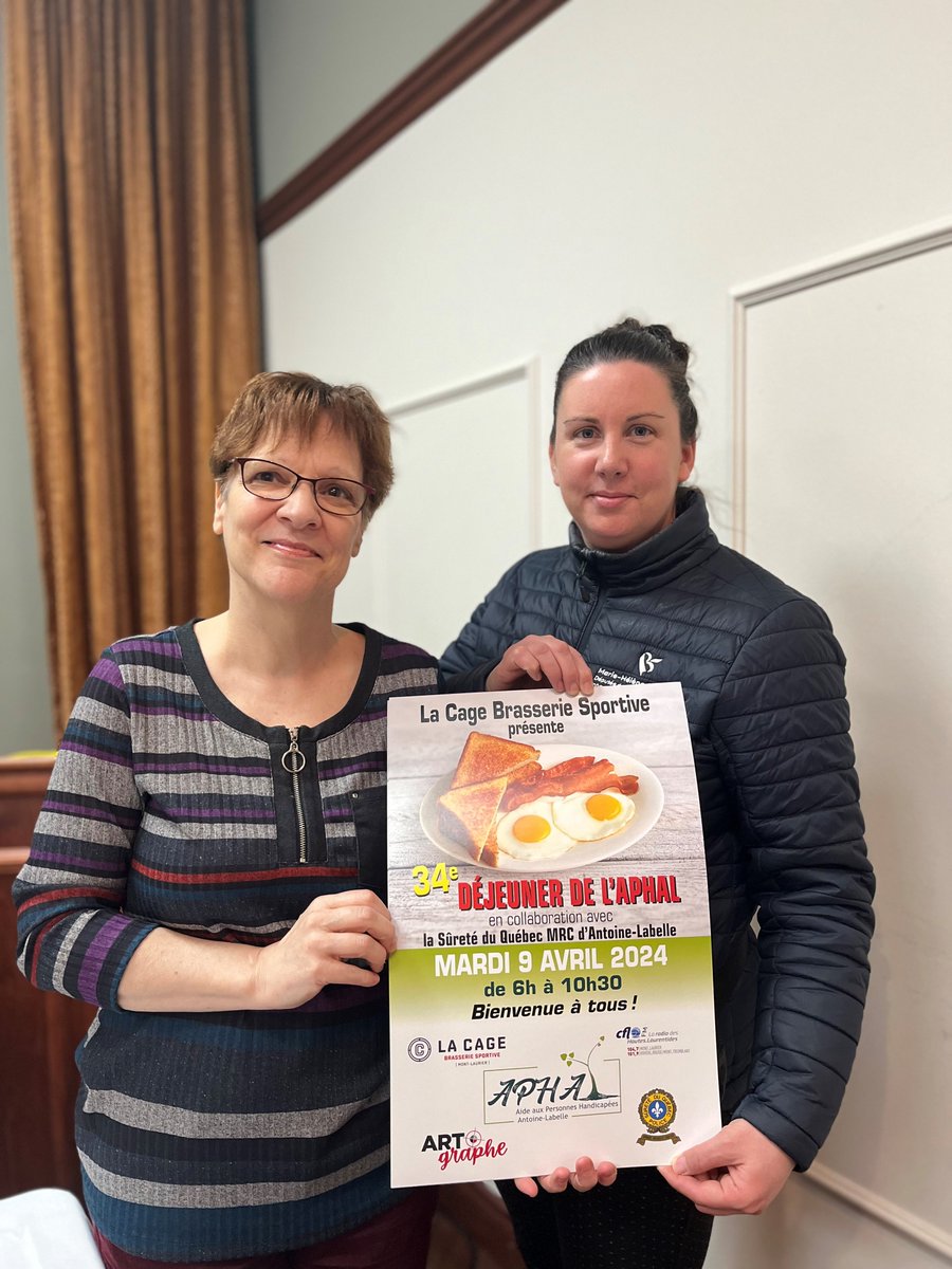 Mon attachée politique, Annie-Claude Poirier, me représentait à la conférence de presse de lancement de la 34e édition du déjeuner de l'APHAL, qui aura lieu le mardi 9 avril, de 6h à 10h30, à la Cage Brasserie sportive de Mont-Laurier.

Soyez-y en grand nombre et soyez généreux!