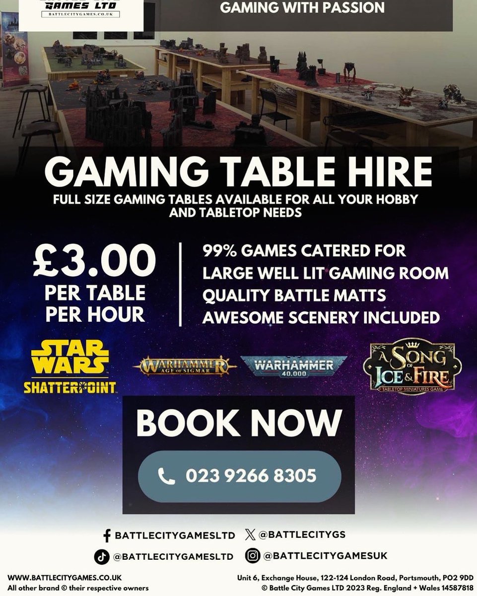 🎲 Join the excitement at Battle City Games! Immerse yourself in our dedicated Table Top Community space upstairs. Experience epic battles daily for just £3 per table, per hour. Don't miss out – unleash your gaming skills now! Refreshments and snacks await.  #TableTopGaming #BCG